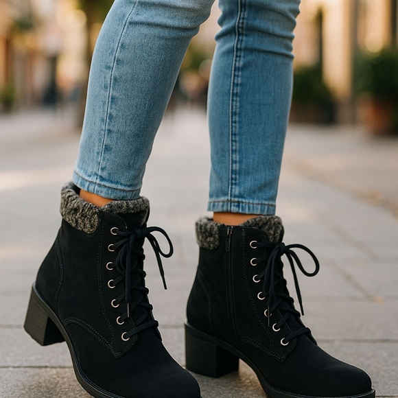 SM New York Black Lace Up Heeled Ankle Boots Sweater Cuff Comfort Style Size 10 - Picture 1 of 7